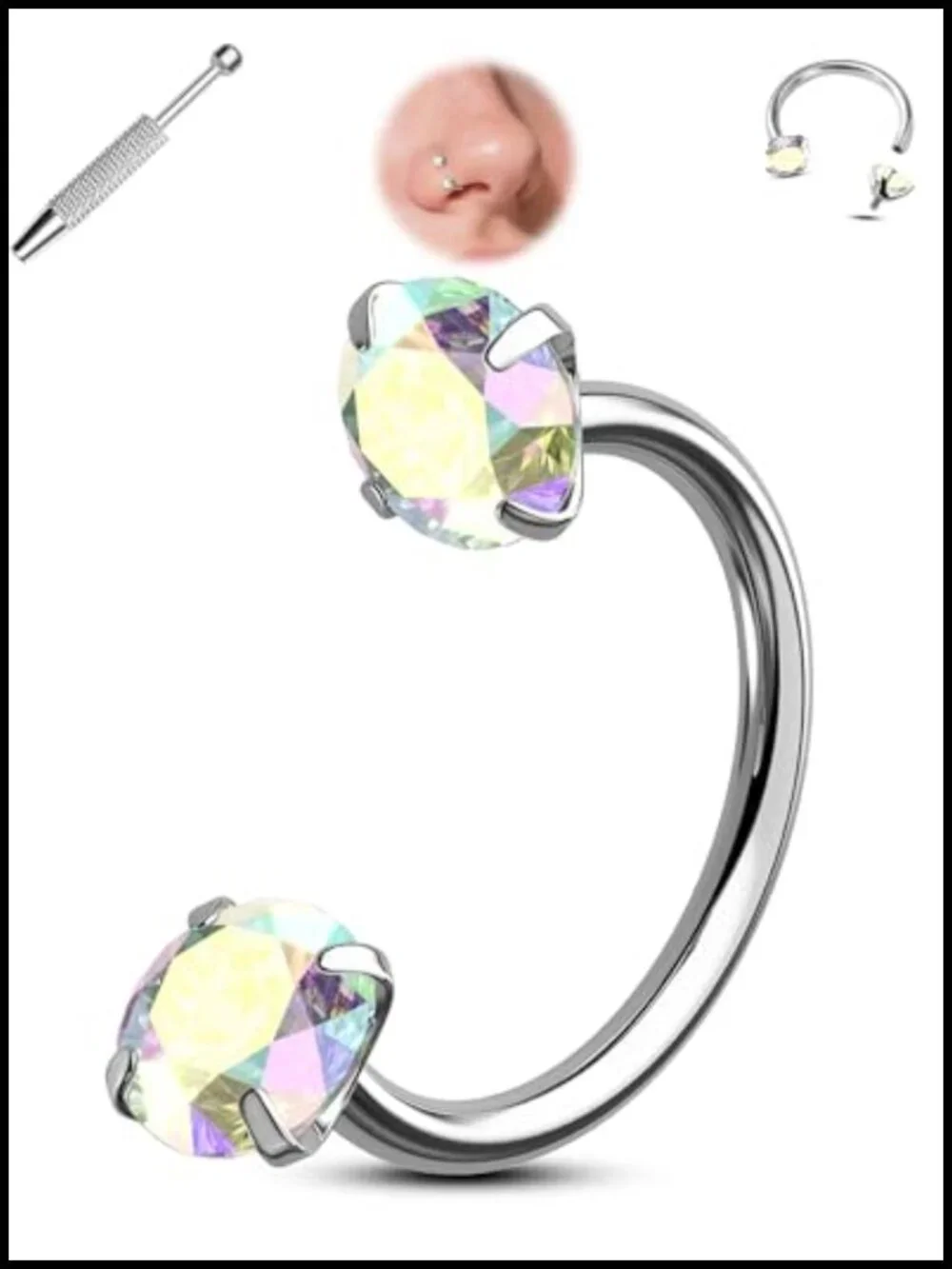 20G Titanium Horseshoe Nose Ring CZ Internally Threaded Piercing Jewelry 6/7/8mm
